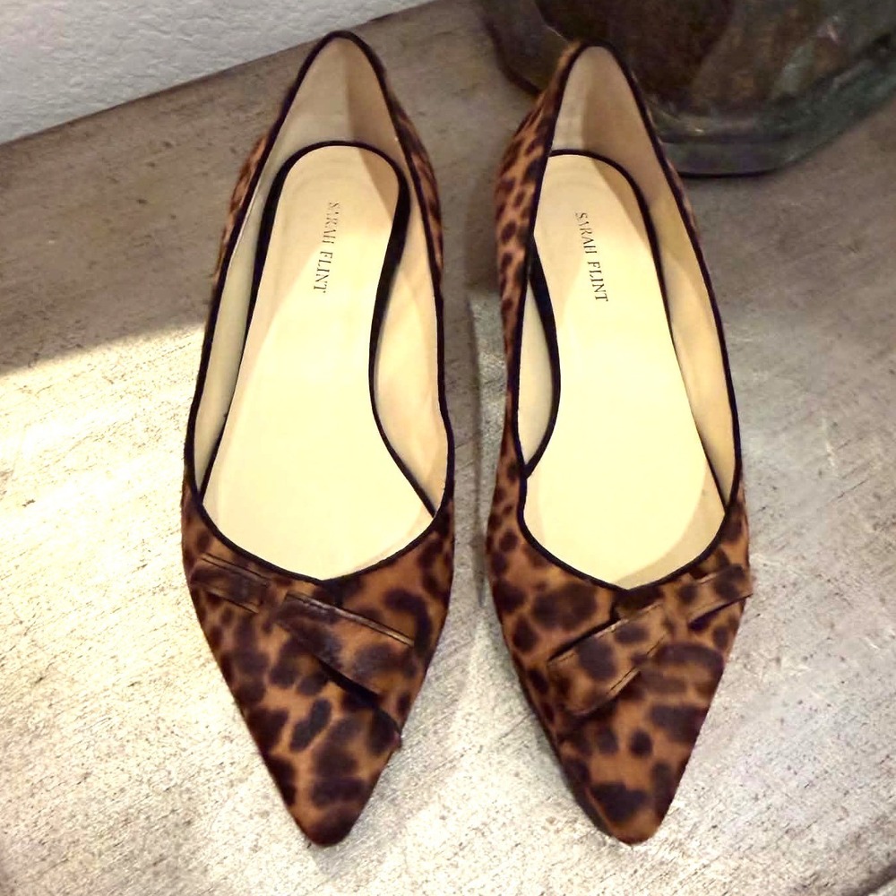 Sarah Flint Natalie Leopard Print Calf Hair Pointed Toe Bow Flats Size 37.5
